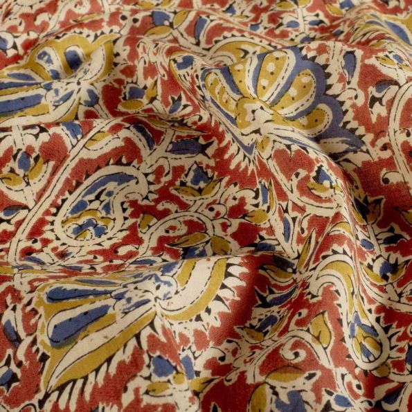 Tissu Voile de Coton Anaya fleurs Rouge brique sur fond Ivoire - Par 10 cm