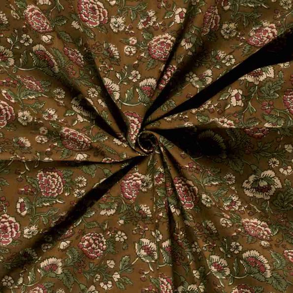 Tissu Voile de coton Batik Udaipur Fleuris sur fond Vert olive - Par 10 cm