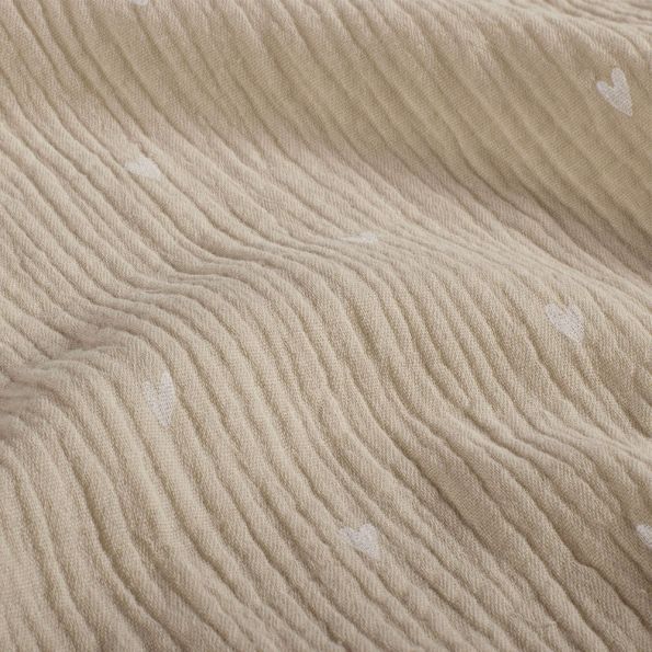 Tissu Double gaze Petits coeurs blancs sur fond Beige - Par 10 cm