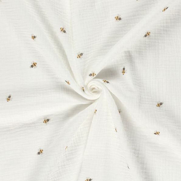 Tissu Double gaze de Coton Abeilles brodées sur fond Ecru - Par 10 cm