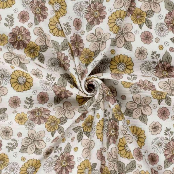 Tissu Double gaze de Coton Fleurs ocre et rose pastel sur fond Ecru - Par 10 cm