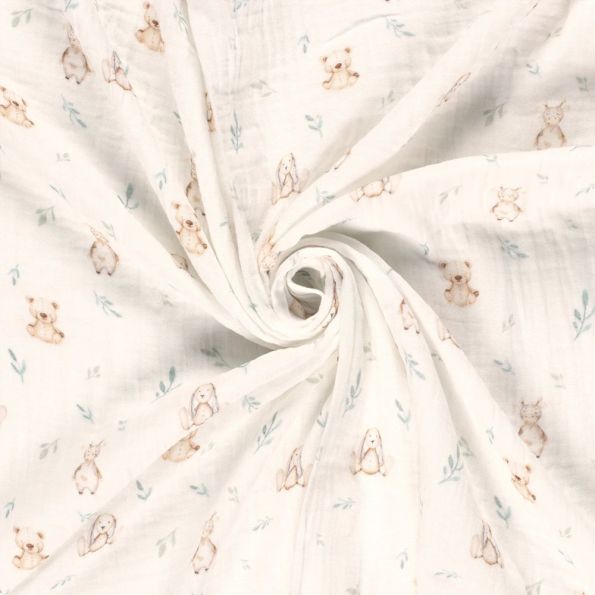 Tissu Double gaze  Oursons et lapins peluche sur fond Ecru - Par 10 cm