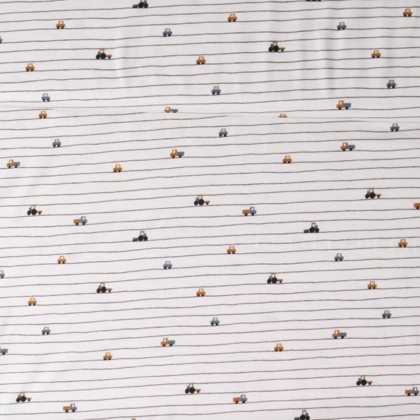 Tissu Jersey stretch camions Marceau sur fond Blanc - Par 10 cm