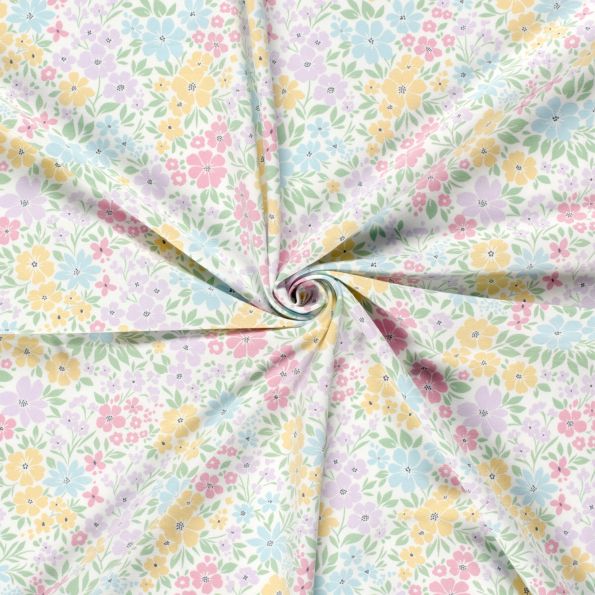 Tissu Jersey Coton Fleuris tons pâles sur fond Blanc - Par 10 cm