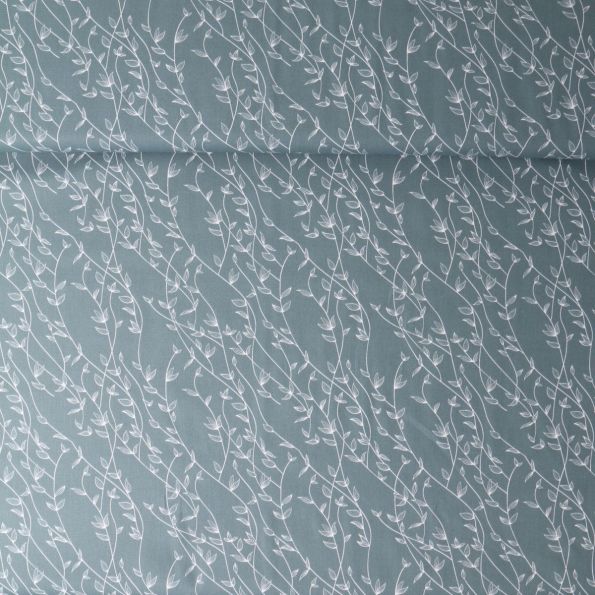 Tissu Popeline de Coton  feuilles Alexia sur fond Bleu acier - Par 10 cm