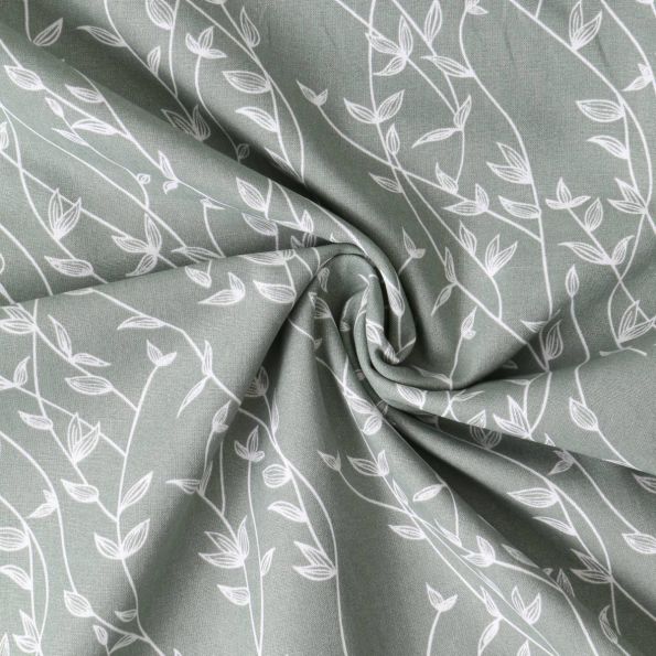 Tissu Popeline de Coton  feuilles Alexia sur fond Vert kaki clair - Par 10 cm