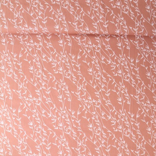 Tissu Popeline de Coton  feuilles Alexia sur fond Terracotta - Par 10 cm