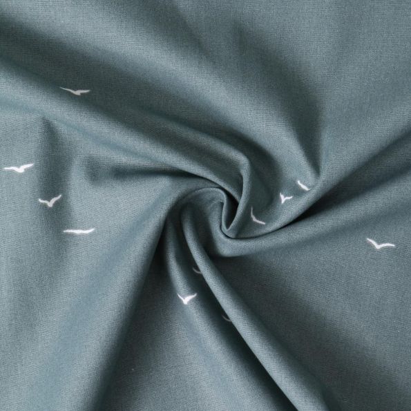 Tissu Popeline de Coton oiseaux Léanne sur fond Bleu acier - Par 10 cm
