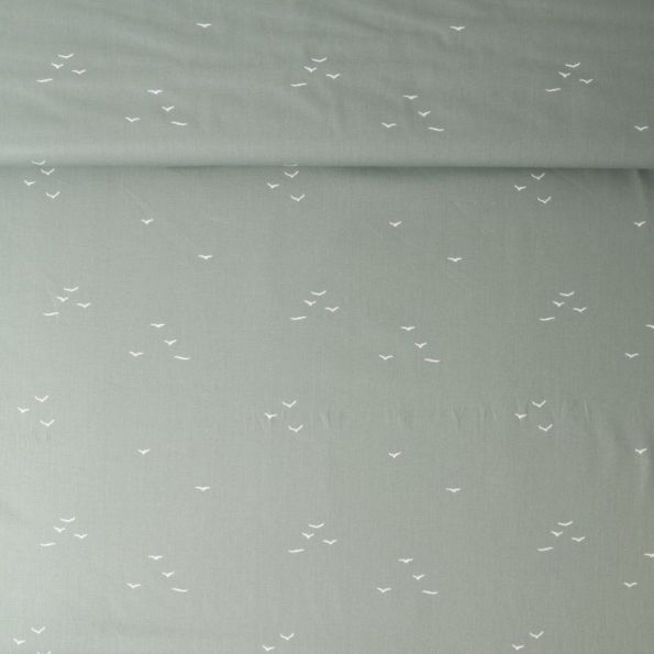 Tissu Popeline de Coton  oiseaux Léanne sur fond Vert kaki clair - Par 10 cm