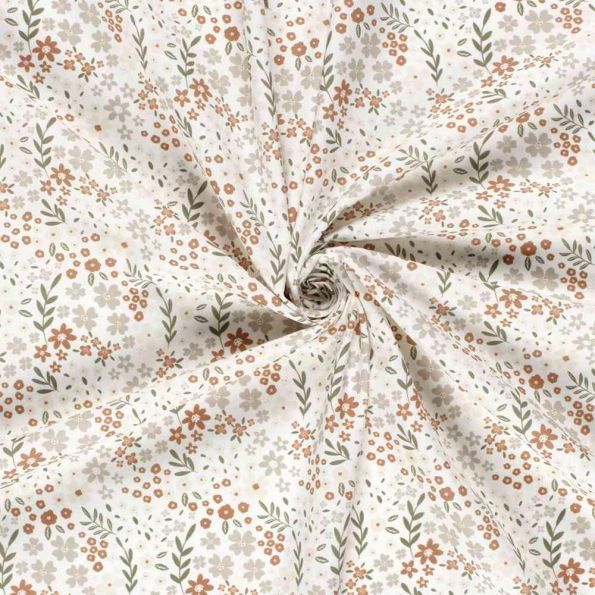 Tissu Popeline de Coton Floral champêtre sur fond Ecru - Par 10 cm