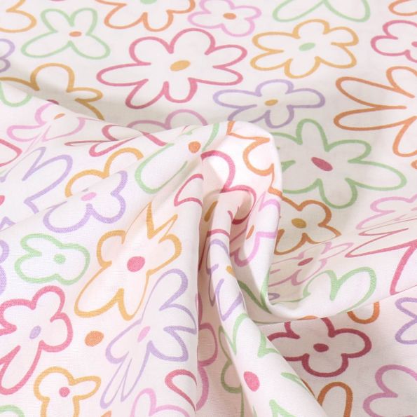 Tissu Popeline de Coton Fleurs lilas, vertes et roses sur fond Blanc - Par 10 cm