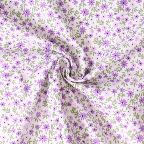 Tissu Popeline de Coton  fleurs Gwen Violettes sur fond Blanc - Par 10 cm