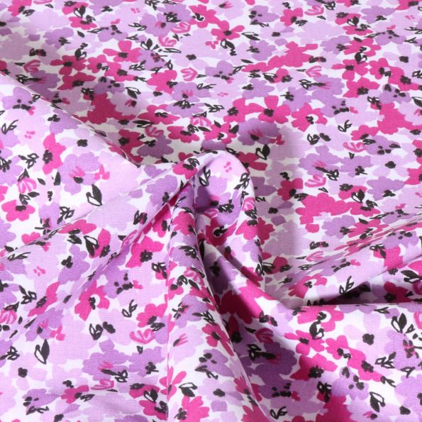 Tissu Popeline de Coton Fleurs fuschia Lilou sur fond Blanc - Par 10 cm