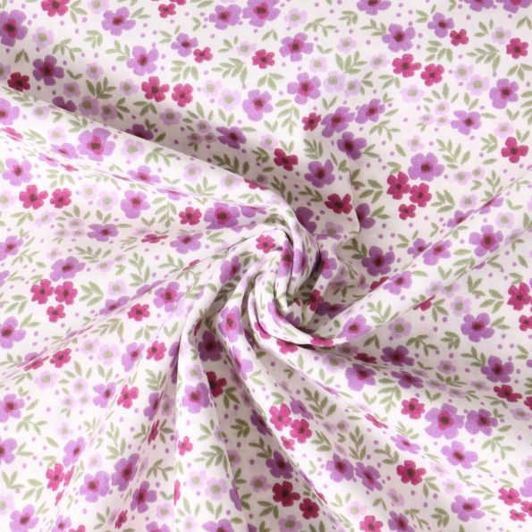 Tissu Popeline de Coton  fleurs Laurie sur fond Ecru - Par 10 cm