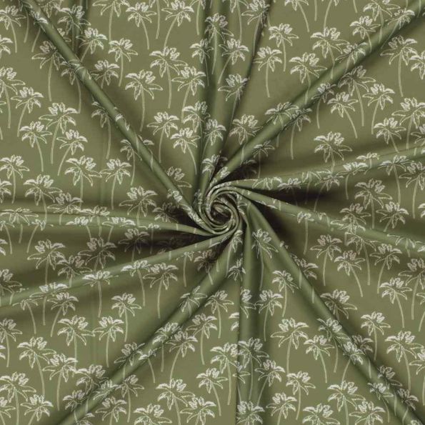 Tissu Lycra maillot de bain palmiers Bahama blancs sur fond Vert kaki - Par 10 cm