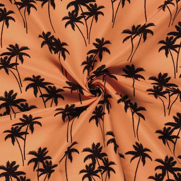 Tissu Short de bain déperlant recyclé Palmiers sur fond Corail - Par 10 cm