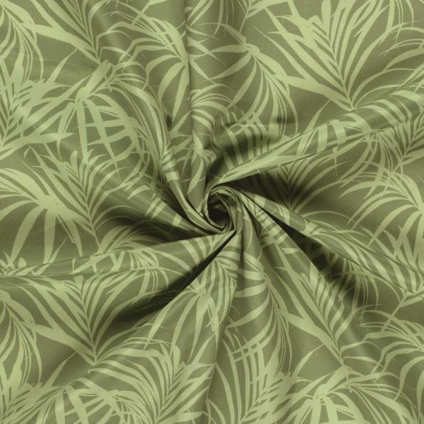 Tissu Short de bain déperlant recyclé Feuillage sur fond Vert olive - Par 10 cm