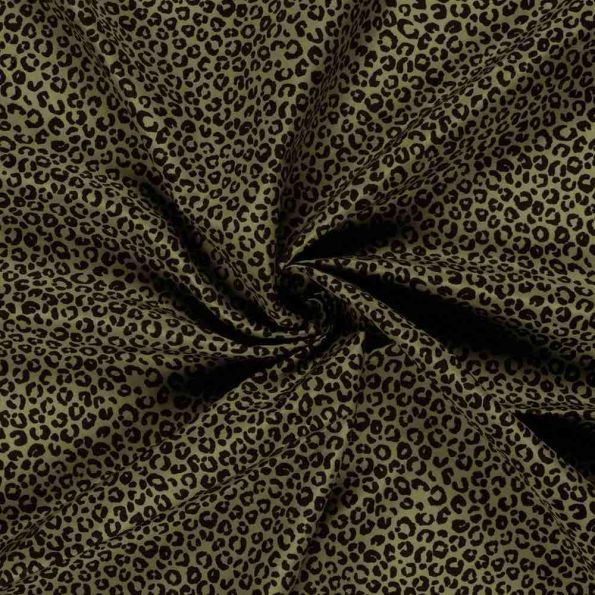 Tissu Short de bain déperlant recyclé Léopard sur fond Vert kaki - Par 10 cm
