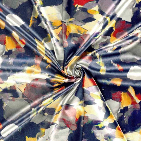 Tissu Satin imprimé Azalys aquarelle abstraite sur fond Bleu indigo - Par 10 cm