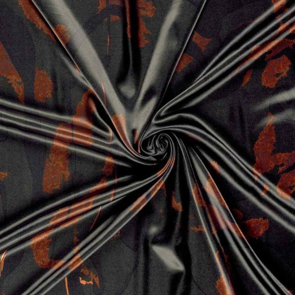 Tissu Satin imprimé Zeyna camouflage artistique Ocre sur fond Noir - Par 10 cm