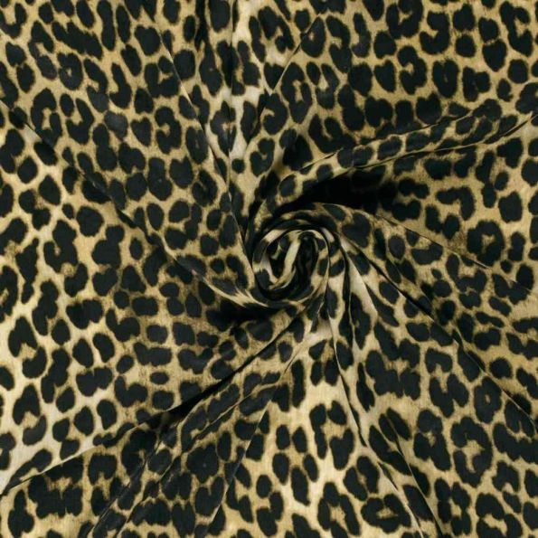 Tissu Satin Velvet Esmera léopard Noir sur fond Vert olive - Par 10 cm