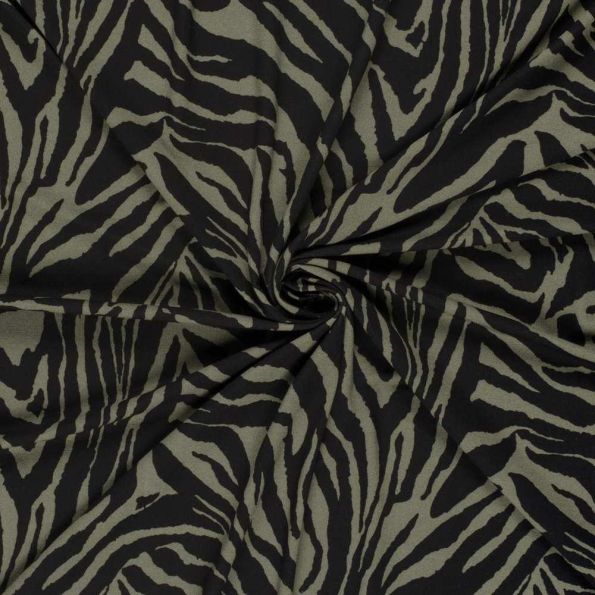 Tissu Viscose stretch Zahara rayures Vert kaki sur fond Noir - Par 10 cm