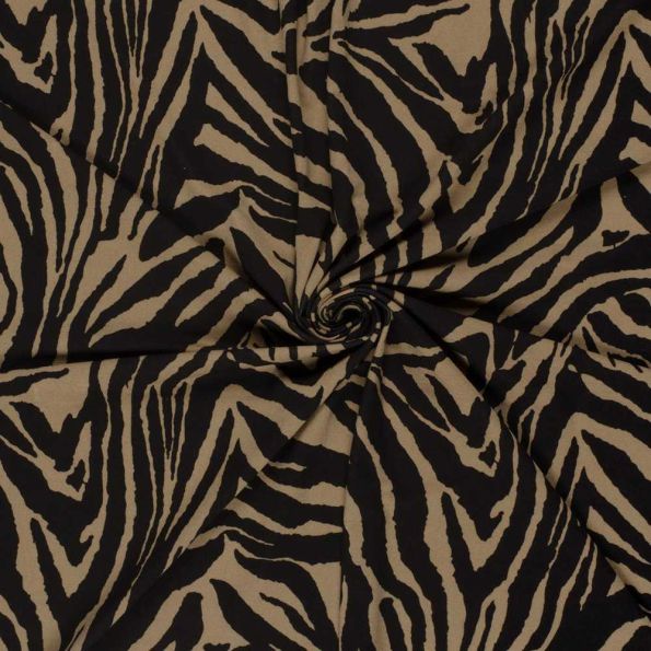 Tissu Viscose stretch Zahara rayures Camel sur fond Noir - Par 10 cm