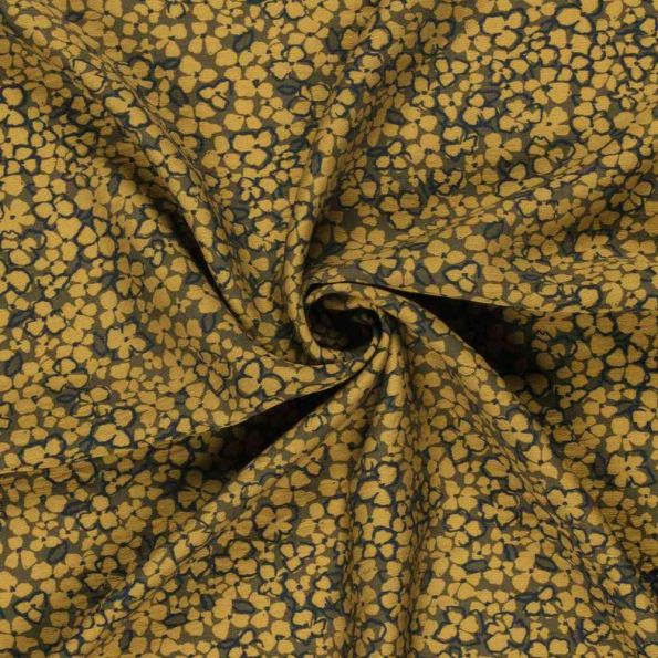 Coupon Tissu Crêpe de Viscose Ambrine fleurs Moutarde dorée sur fond Noir - Coupon de 60 cm