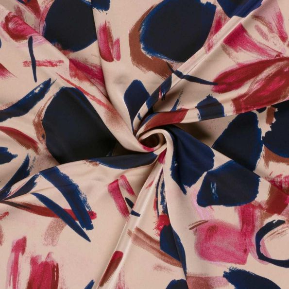 Tissu Satin Duchesse Domitille fleurs Bleu marine sur fond Rose nude - Par 10 cm