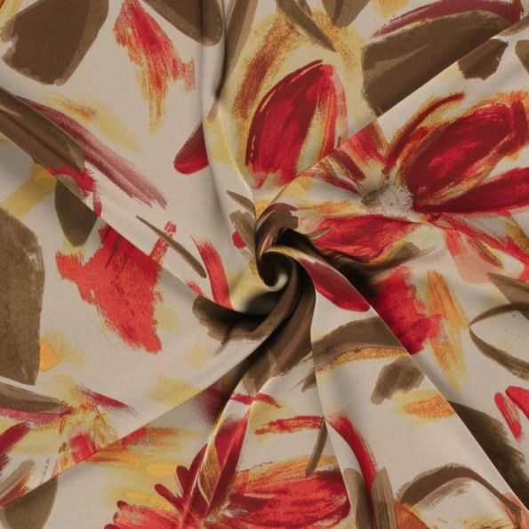 Tissu Satin Duchesse Domitille fleurs Rouges sur fond Beige sable - Par 10 cm
