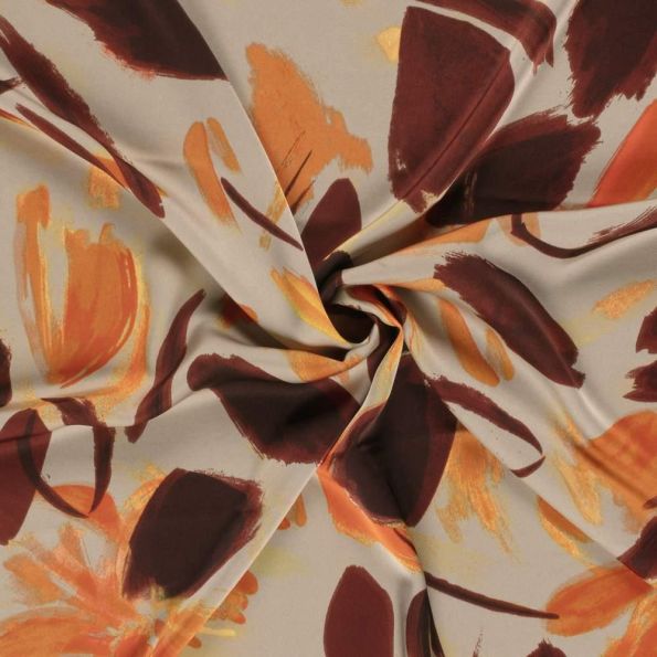 Tissu Satin Duchesse Domitille fleurs Chocolat sur fond Beige sable - Par 10 cm