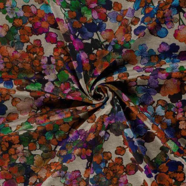 Tissu Jersey Viscose Ambrosia fleurs Orange cuivré sur fond Taupe - Par 10 cm