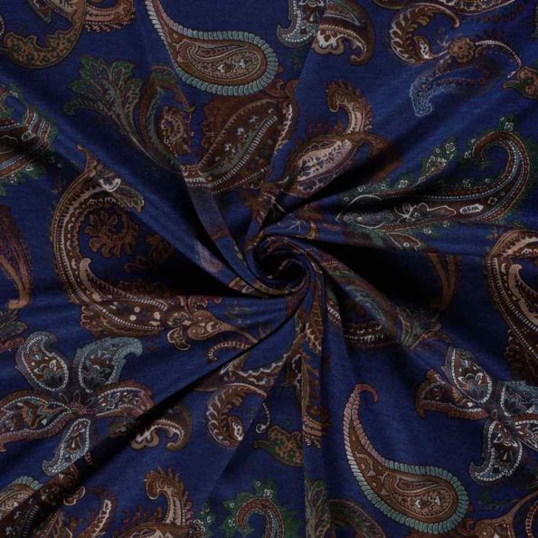 Tissu Jersey Viscose Aliénor motif paisley Marron sur fond Bleu marine - Par 10 cm