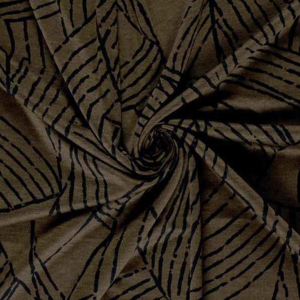 Tissu Jersey Viscose Zénaïde nervures Noires sur fond Vert kaki foncé - Par 10 cm