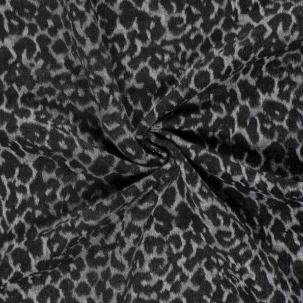 Tissu Jacquard toucher laine Éris léopard Noir sur fond Gris clair - Par 10 cm