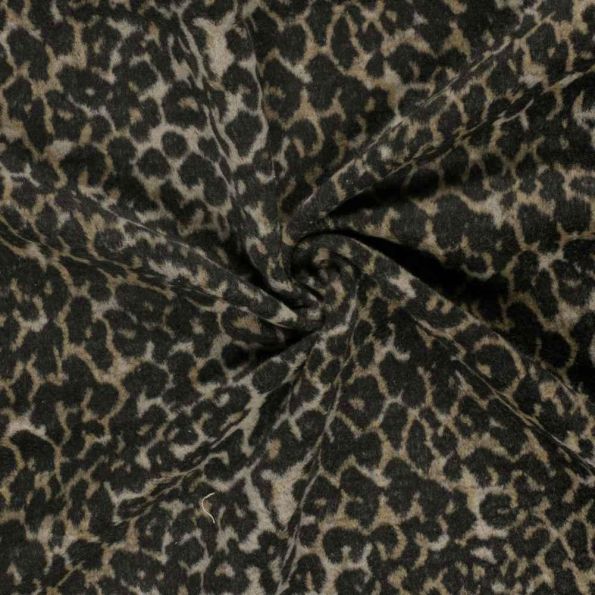 Tissu Jacquard toucher laine Eris léopard Noir sur fond Beige sable - Par 10 cm