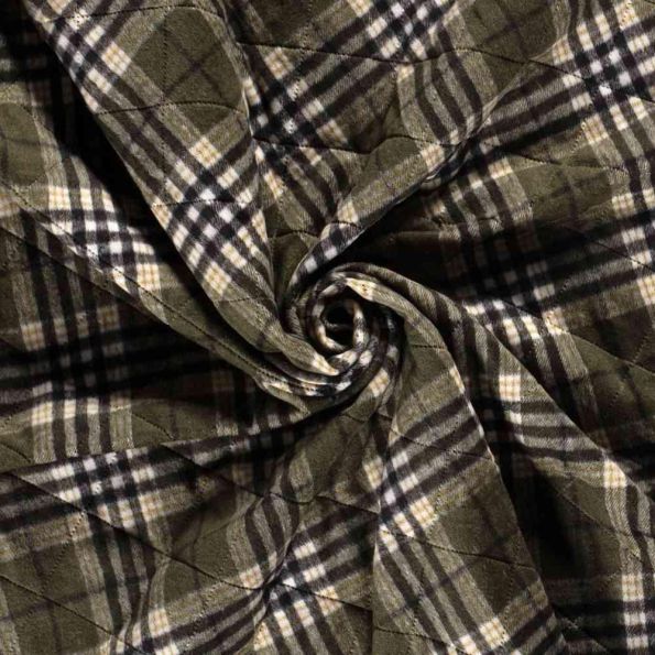 Tissu Jacquard Matelassé Micta Carreaux sur fond Vert kaki - Par 10 cm