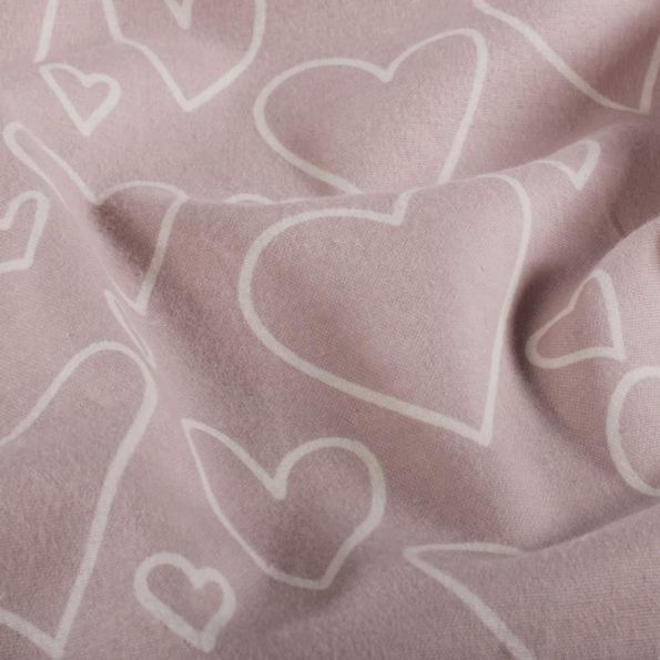 Tissu Flanelle de Coton Emy cœurs Blanc sur fond Rose poudré - Par 10 cm