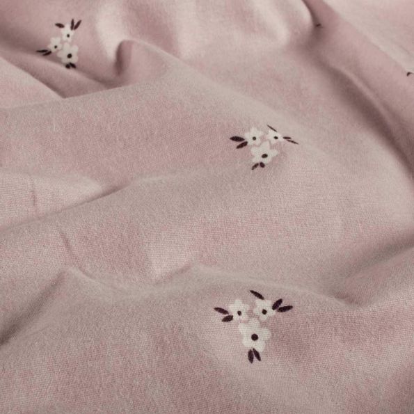 Tissu Flanelle de Coton Lina bouquets floraux Blanc sur fond Rose poudré - Par 10 cm