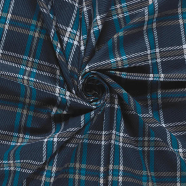 Tissu Flanelle de Coton Maxence carreaux bleus turquoise sur fond Bleu marine - Par 10 cm