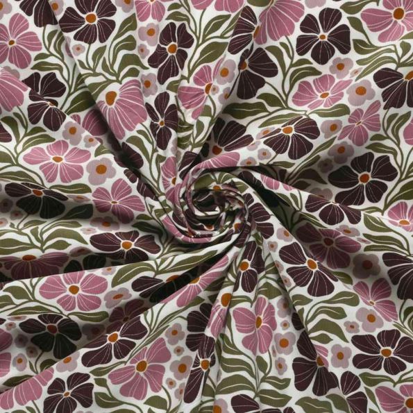 Tissu Jersey Coton Bord Côte Fleurs roses et olives sur fond Blanc cassé - Par 10 cm