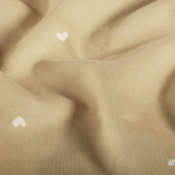 Tissu Velours milleraies Nahia cœurs Blancs sur fond Beige sable - Par 10 cm