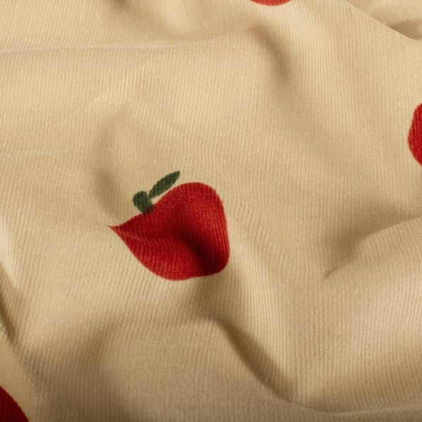Tissu Velours milleraies Léontine pommes Rouges sur fond Beige sable - Par 10 cm