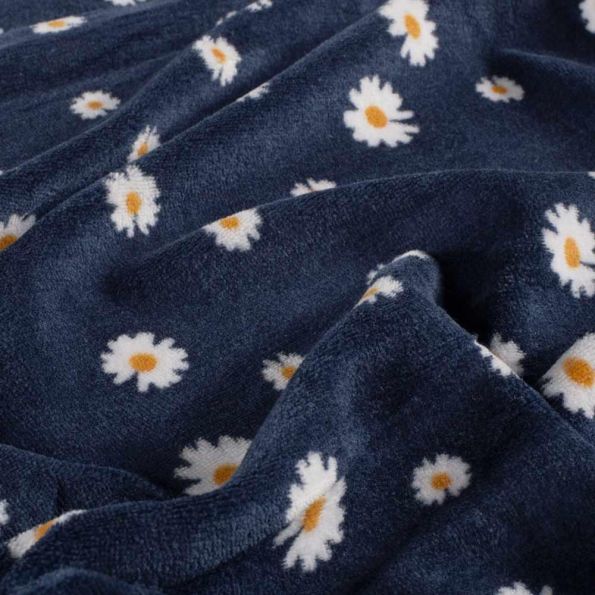 Coupon Tissu Jersey Velours tout doux Aurel pâquerettes Blanches sur fond Bleu marine - Coupon de 50 cm