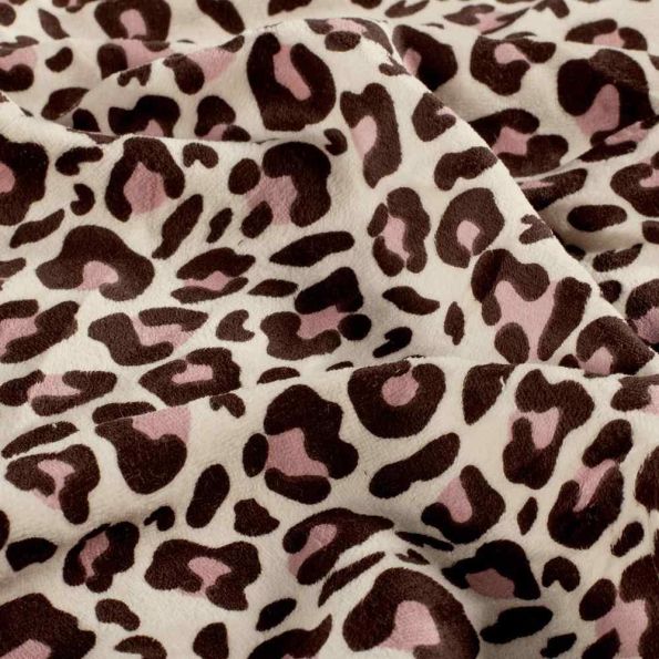 Coupon Tissu Jersey Velours tout doux Isara léopard Brun et Rose sur fond Beige - Coupon de 40 cm