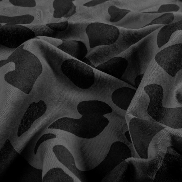 Tissu Velours tout doux Noémie panthère Noir sur fond Gris anthracite - Par 10 cm