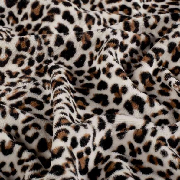 Tissu Velours tout doux Elina motif léopard Fauve sur fond Ecru - Par 10 cm