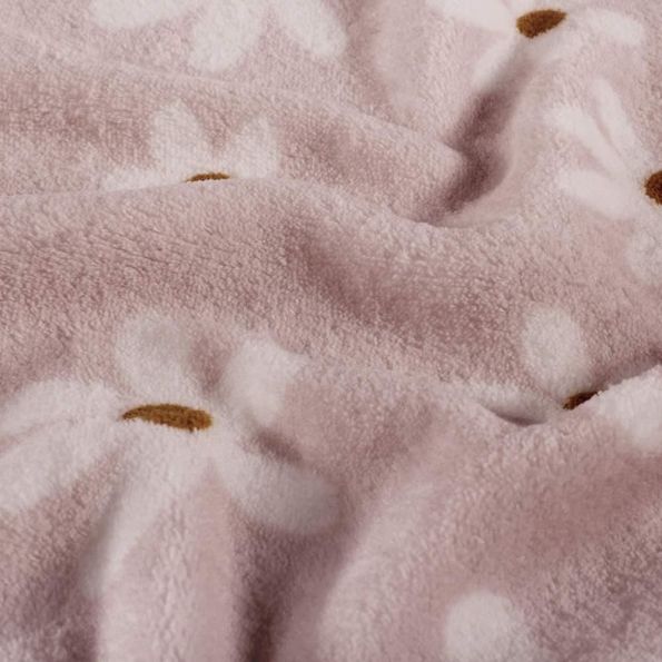 Tissu Fausse fourrure Azalée envers doudou fleurs Blanches sur fond Vieux rose - Par 10 cm