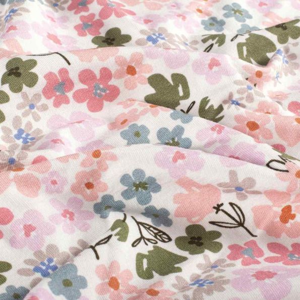 Tissu Sweat léger French Terry Sylvia extensible fleurs stylisées sur fond Blanc cassé - Par 10 cm