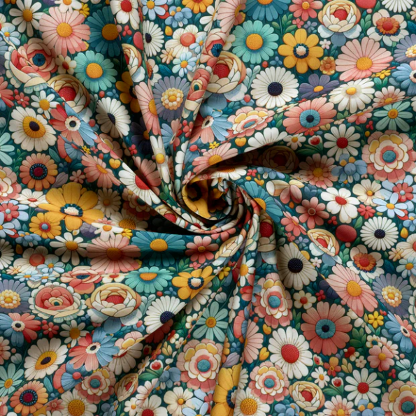 Tissu Softshell Digital Colette fleurs retro Multicolores sur fond Bleu canard - Par 10 cm